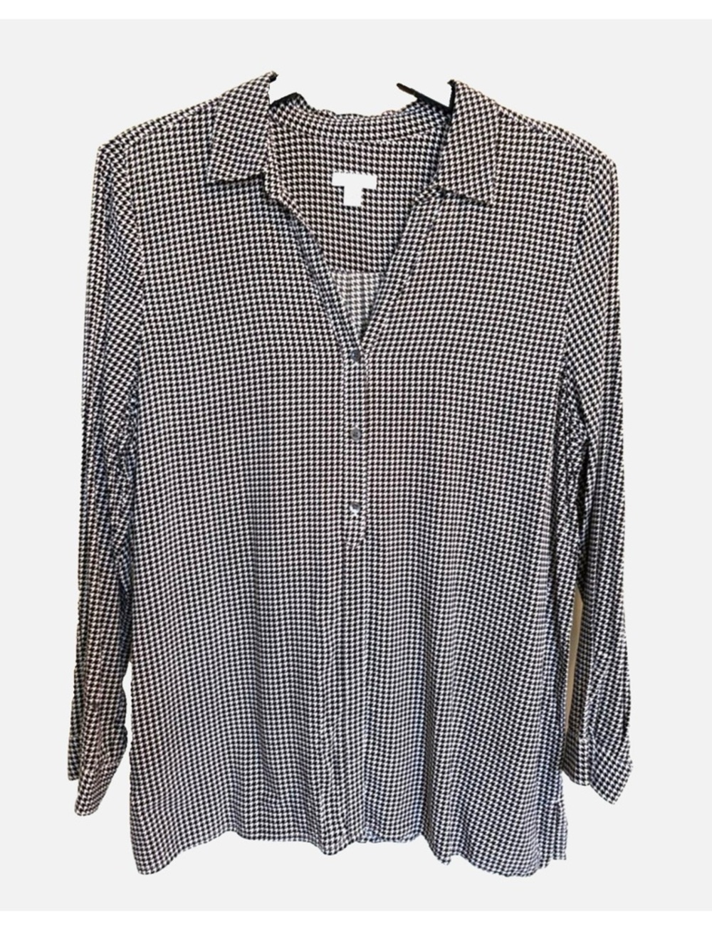J Jill Houndstooth Tunic Blouse Large Black White Hidden Button Front Top